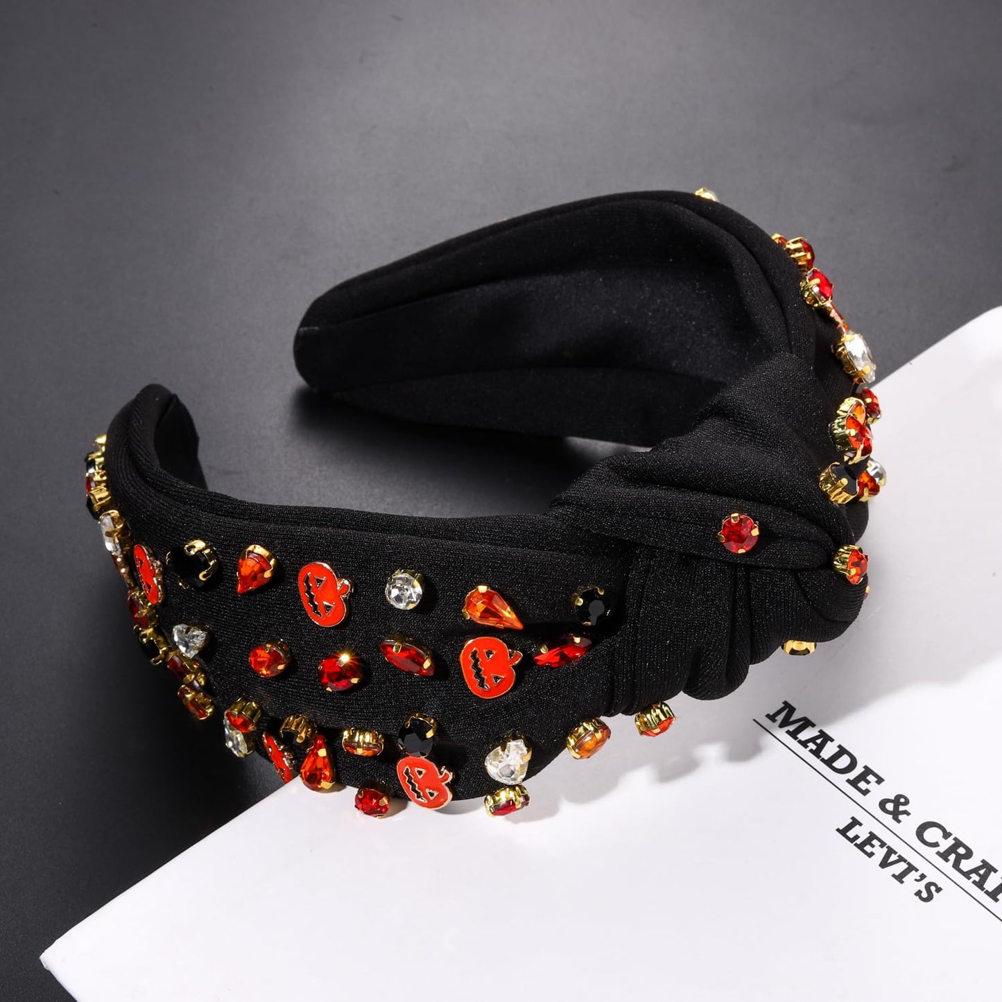 NVENF Halloween Headband Accessories for Women Crystal Pearl Knotted Headband Embellished Beaded Pumpkin Candy Corn Boo Headbands Rhinestone Jeweled Top Knot Headband Costume Party Favors (Pumpkin 6)