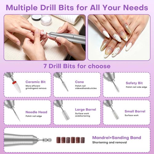Electric Nail Drill Professional: Rechargeable Nail File with Bits for Acrylic Gel Nails, Professional Nail Drill Manicure Pedicure Polishing Shape Tools for Home Salon