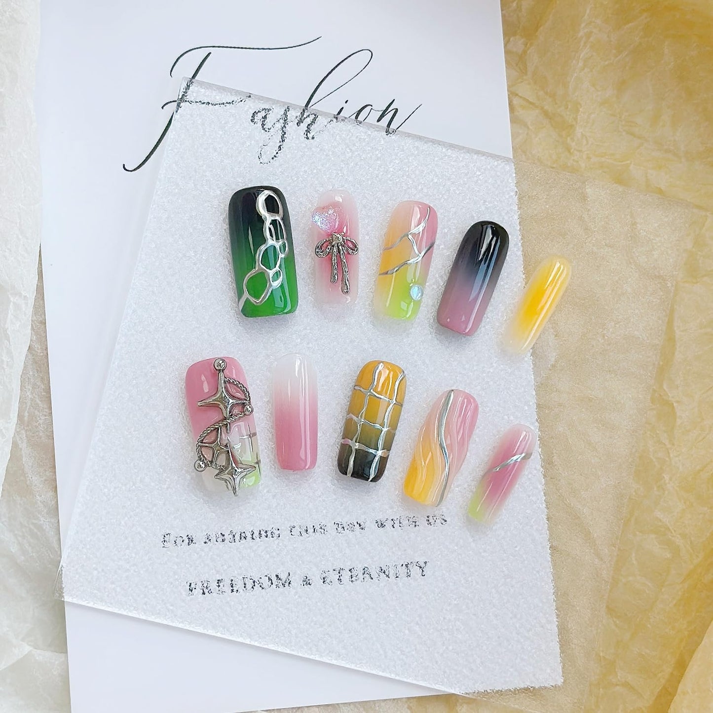 LARSOOY Nails Handmade Press on Nails Middle Long Square | Handmade Nails with Multicolored Stripes | Reusable fake Nails with Unique Designs | False Nails 10 Pcs (Overturned Palette, M)