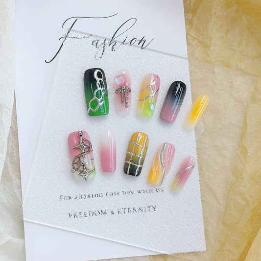 LARSOOY Nails Handmade Press on Nails Middle Long Square | Handmade Nails with Multicolored Stripes | Reusable fake Nails with Unique Designs | False Nails 10 Pcs (Overturned Palette, M)