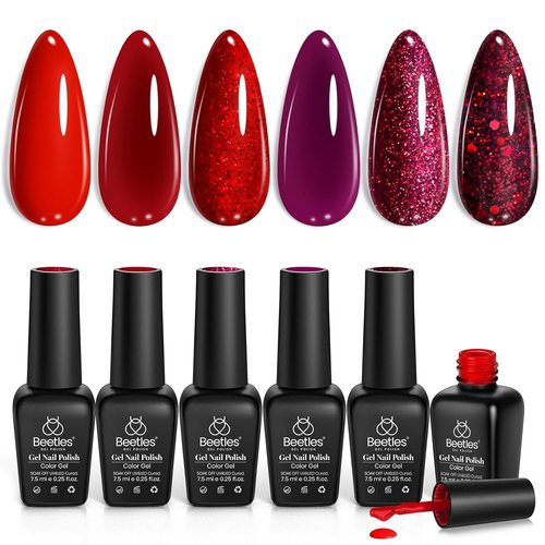 Beetles Red Gel Nail Polish Set - 6 Colors Including Burgundy, Red, Glitter & Purple | Soak Off UV LED Art Gifts for Women