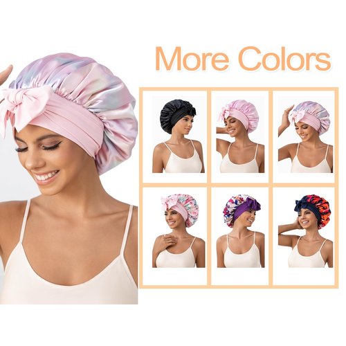 GDTOGRT Satin Silk Bonnet for Sleeping Women, Double Layer Sleep Hair Bonnets Caps for Curly Natural Hair with Tie Band - Aura