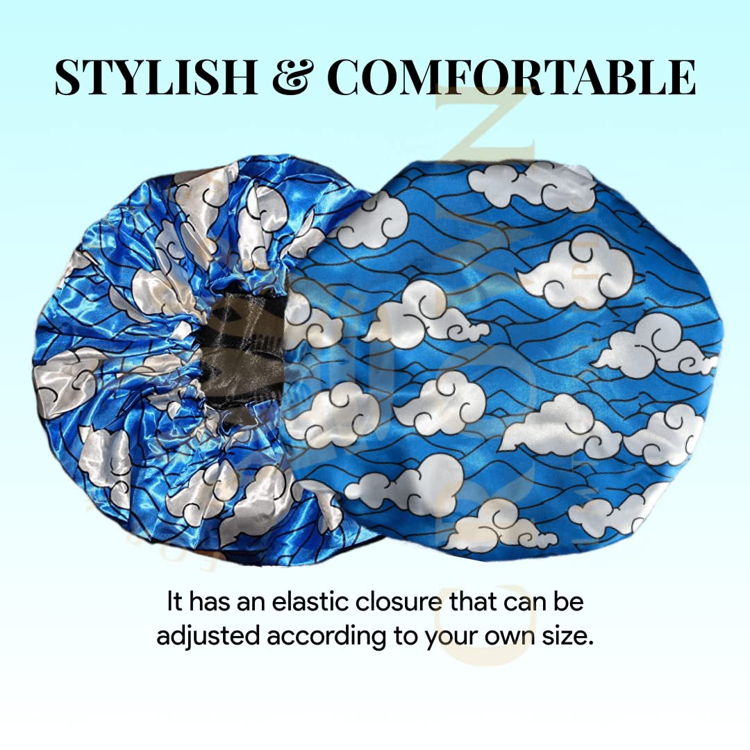 Large Bonnet - Silky Satin Bonnet with Elastic Soft Band (Blue White Water Clouds)