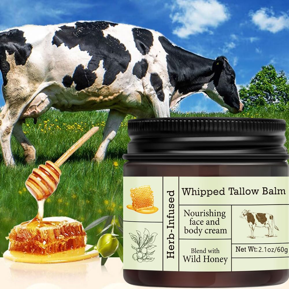 URQT Beef Tallow for Skin - Organic Grass-Fed Whipped Balm with Honey - Deeply Moisturizing Face & Body Care