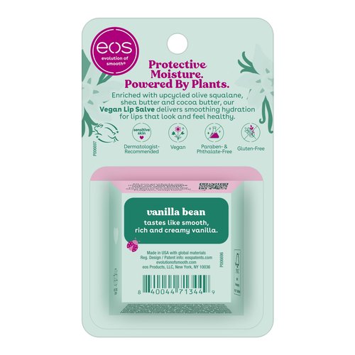 eos Plant-Based Vegan Lip Salve - Vanilla Bean, 100% Natural Formula, Cocoa Butter Lip Balm with Upcycled Olive Squalane, Cruelty-Free, 0.42 oz