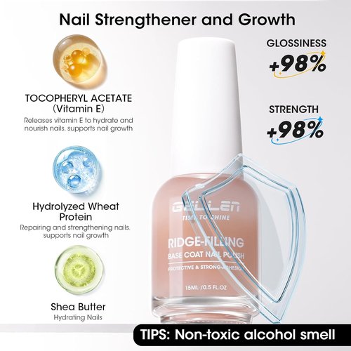 GELLEN Clear Nail Polish Base Coat - Ridge Filling Sheer Nude Tint for Smooth, Strengthened Nails | Nourishing Formula with Shea Butter & Vitamin E