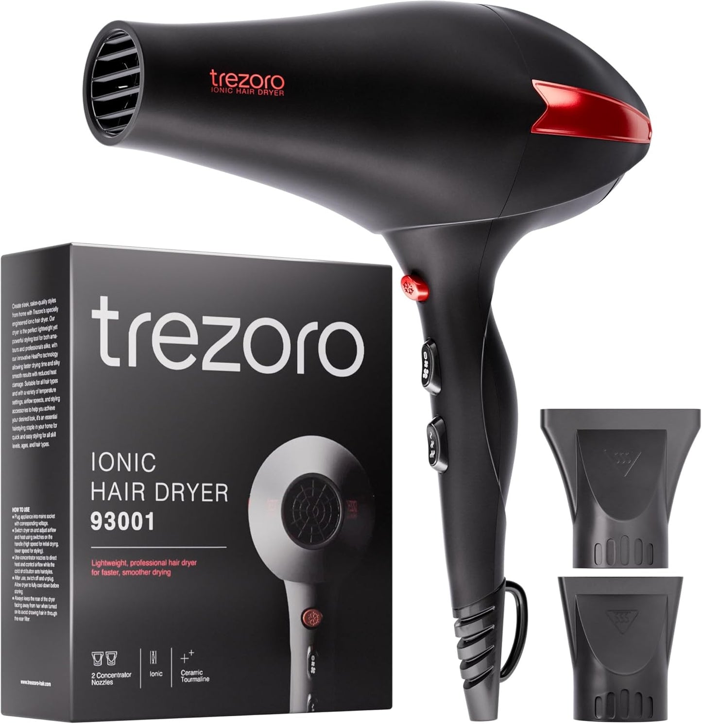 TREZORO Professional Hair Dryer - Ionic Ceramic Tourmaline Technology, 2000W, Fast & Quiet | Black with Nozzles