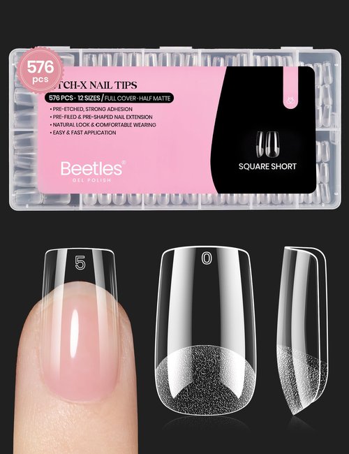 Beetles Gel Nail Tips Etch-X, Square Short, 576Pcs 12 Sizes, Pre-Shaped Half Matte Full Cover Soft Acrylic False Nail Tips Easy DIY Press On Nail Extension Manicure Salon Gift for Women