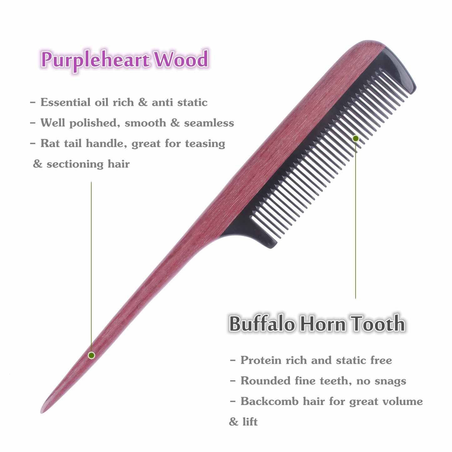 Breezelike Hair Combs - Fine Tooth Wooden Tail Comb - No Static Purpleheart Wood Comb with Black Buffalo Horn Teeth