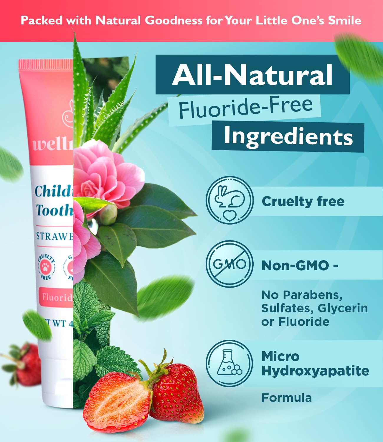 Wellnesse Kids Hydroxyapatite Toothpaste with Xylitol & Fluoride-Free - Natural Ingredients with Strawberry Flavor - Suitable for Toddlers to Baby Kids Toddler - Sensory Friendly, Vegan & Cruelty-Free