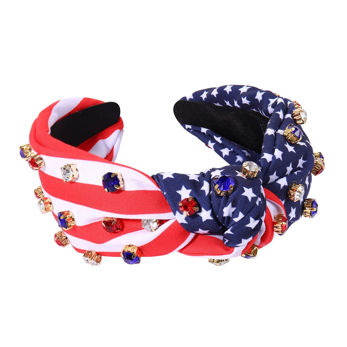 American Flag Headband Patriotic Rhinestone Cross Knotted Turban Hair Hoop 4th of July Crystal Twist Velvet Wide Hairband Party Hair Accessory