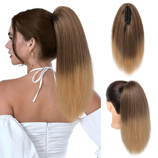 Behufun Ponytail Extension, 14" Short Claw Clip in Ponytail Straight for Short Hair Multi-Layered Fake Pony Tails Hair Extensions Heat-Resistant Hair Extensions Ponytail Synthetic Brown to Blonde