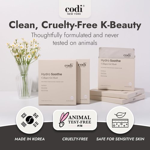 Codi New York Collagen Gel Mask, Hydrogel for Reducing Redness, Sunburn & After Sun Care, Hydration, Soothing, Moisturizing, Made in Korea, 4 Sheets (Hydro Soothe)