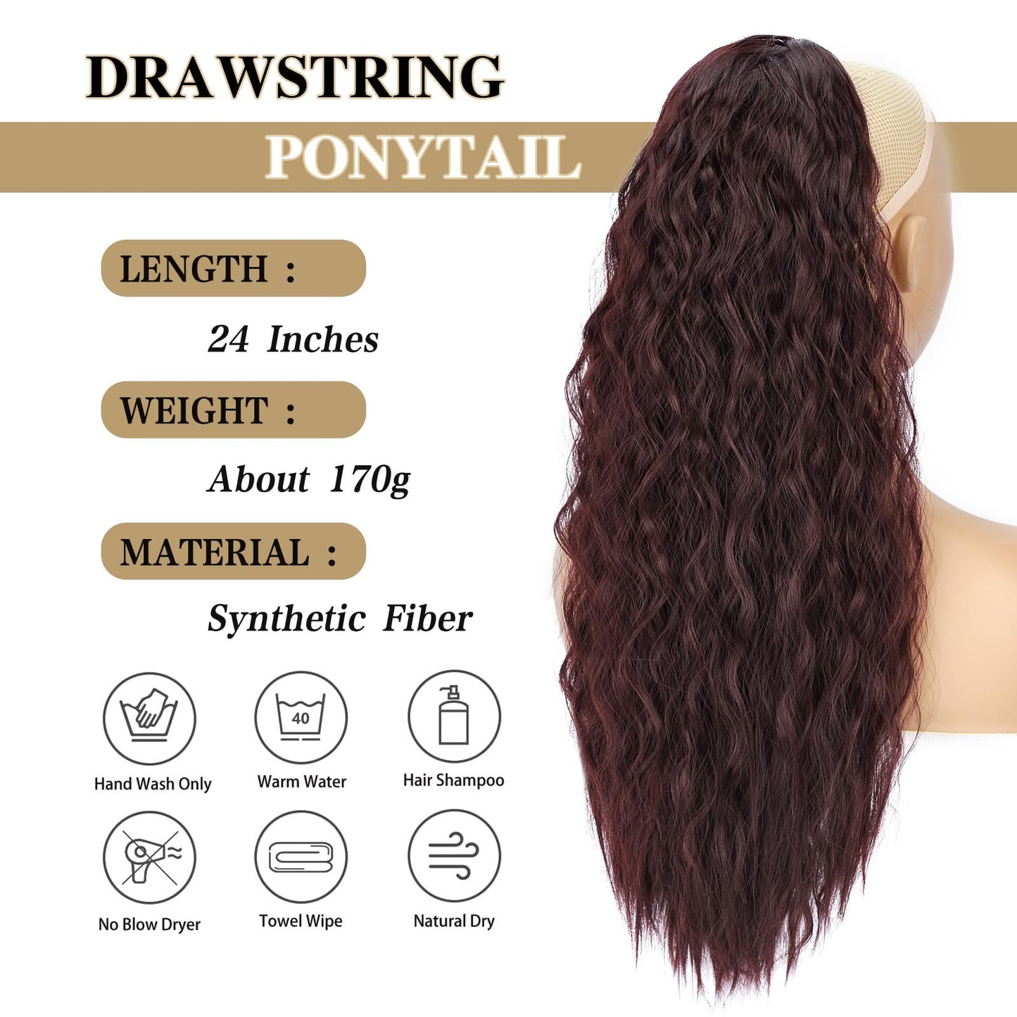 HANYUDIE Curly Ponytail Extension 24 Inch Drawstring Ponytail for Black Women Synthetic Ponytail for Daily Party Use 99J