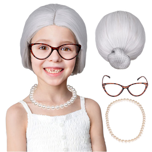 White Old Lady Costume Wig with Bun with Granny Glasses and Pearl Necklace for Halloween Party for Girl Kid