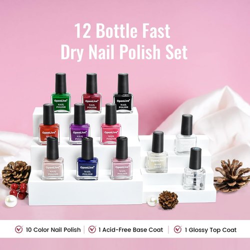 OpenLive 12 PCS Nail Polish Set - 10 Vibrant Colors with Base & Top Coat | Fast Drying for DIY Beginners