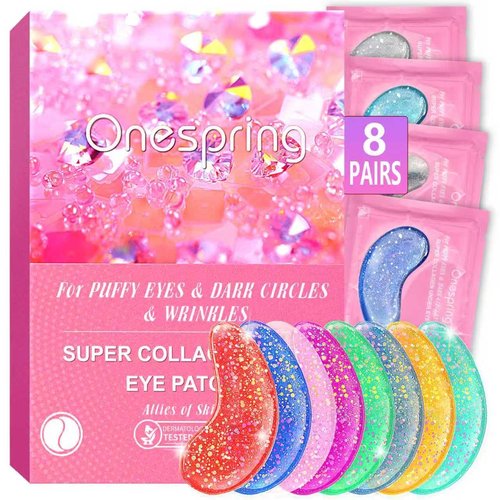 Onespring Eye Masks (8 Pairs) - Travel Essentials - Under Eye Patches for Dark Circles, Puffiness, Fine Lines with Collagen, Revitalises and Refreshes Your Skin, Bridesmaid Gift for Her