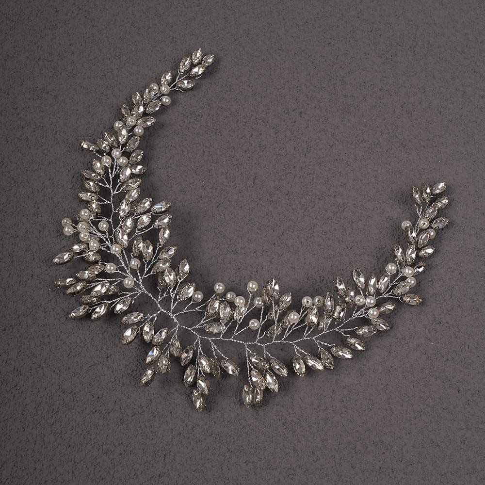 Teyglen Women Bride Wedding Rhinestones Crystals Long Headband Hair Vine Handmade Bridal Silver Pearl Headband Wedding Hair Accessories for Brides Hair Pieces Headpieces for Women Girl (Silver)