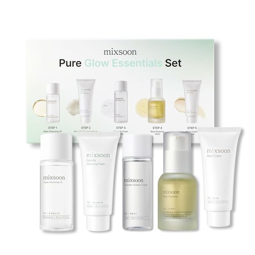 Mixsoon Pure Glow Essentials Set - 5-Step Hydrating Skincare Kit | Travel Size Gift Set (15ml*1 + 20ml*3 + 30ml*1)