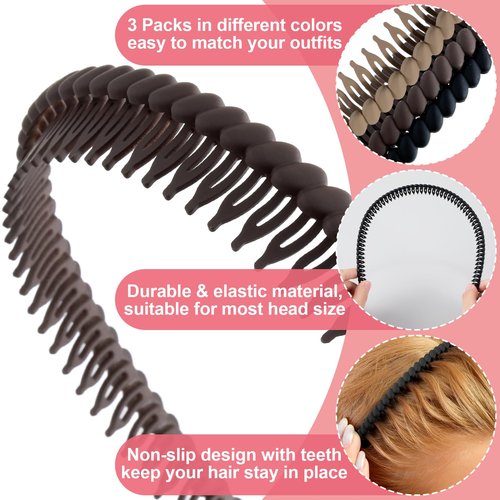 Alpinleux 3 Pcs Headband with Teeth, Comfortable Headbands for Women with Teeth, Fashion Comb Headband, Plastic Head Bands for Women's Hair Non Slip (4.3''×0.7'', Black, Coffee, Khaki)