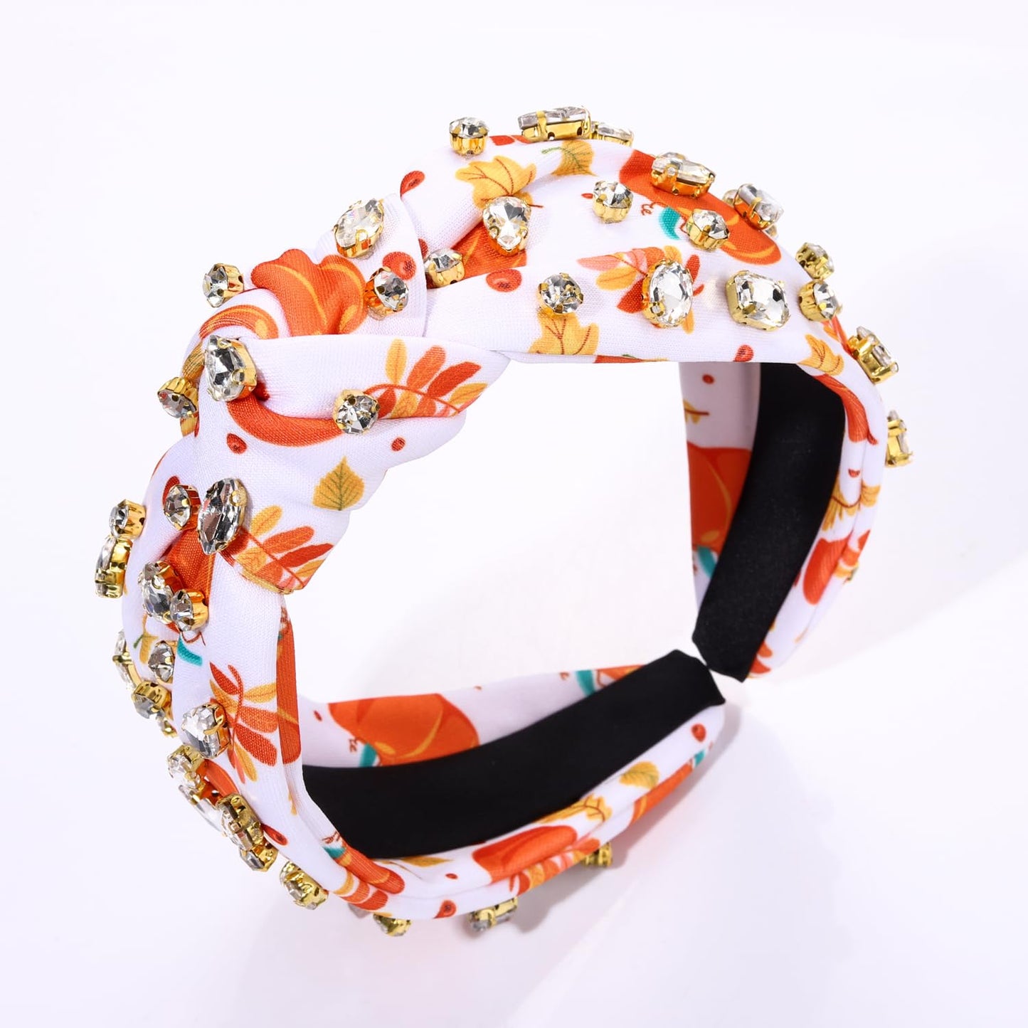 Crystal Velvet Headband Cross Knotted Turban Headdress Colorful rhinestone Statement Wide Hair Band Hoop Accessories For Women Girls (Orange Fall)