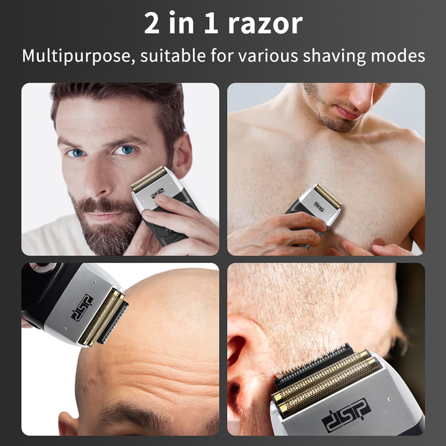 DSP® Electric Razor for Men Bald Shavers for Men 2 in 1 Double Shaver for Men with 2 Foil Head Rechargeable Barber Shaver with Precision Trimmer 3-Speed Shaver with LED Digital Display (Black)