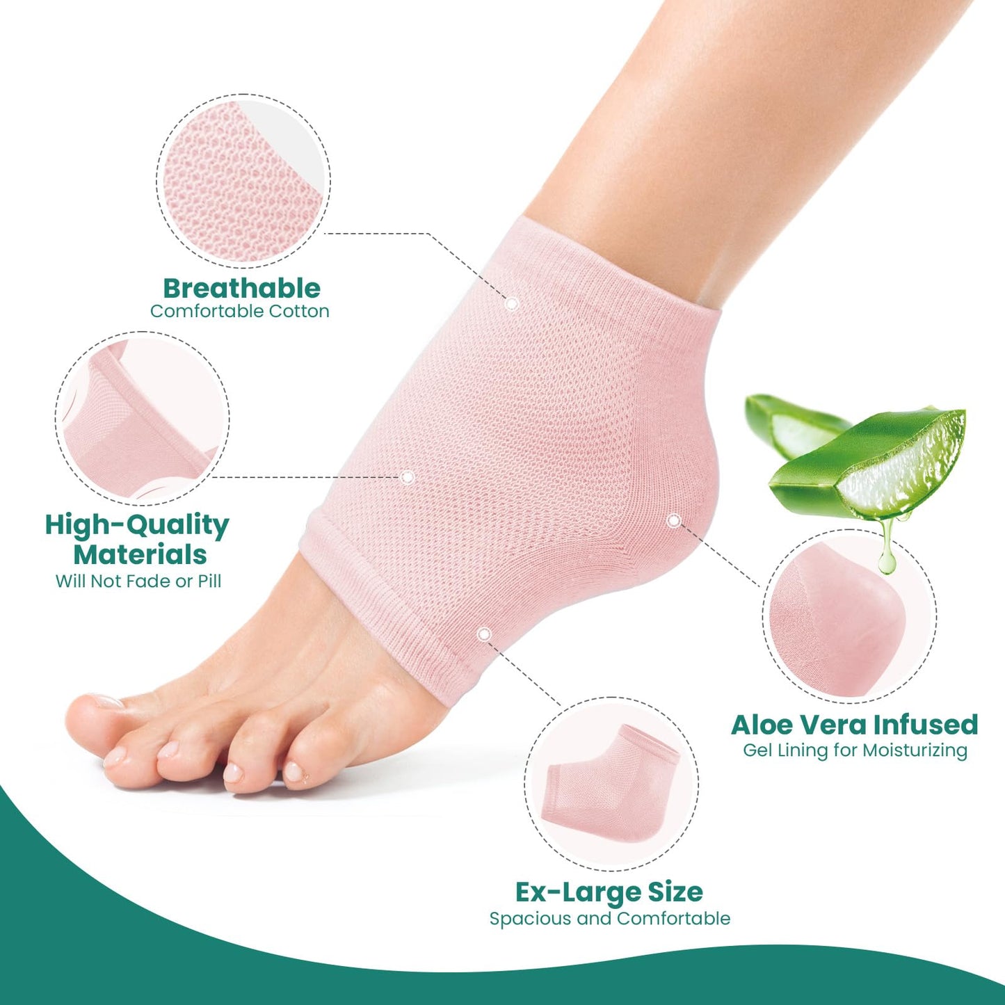 Welnove Moisturizing Heel Socks - 2 Pairs Aloe Vera Extract Infused Gel Lining for Dry Feet - Cracked Heel Repair Treatment - Cotton Socks for Women Men Foot Care (Pink, Extra Large)