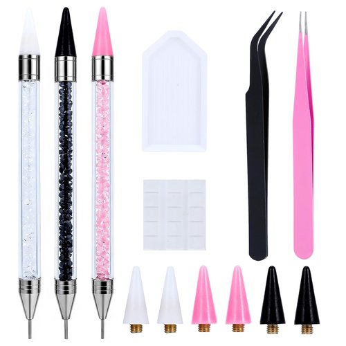 14 Pcs Rhinestone Picker Tool Nail Art Design Bedazzling Dotting Tool Rhinestone Applicator Diamond Jewel Gem Picker Tool With Wax Pencil and 2 Nail Art Tweezers