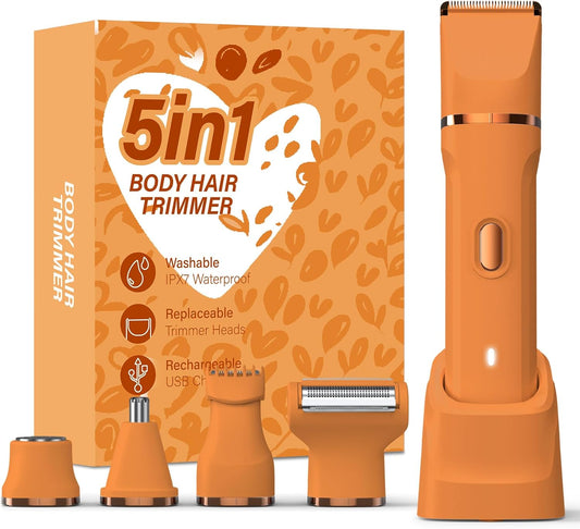 Skiennix 5-in-1 Bikini Trimmer - IPX7 Waterproof Electric Razor for Body, Facial & Pubic Hair Removal | Pure Orange