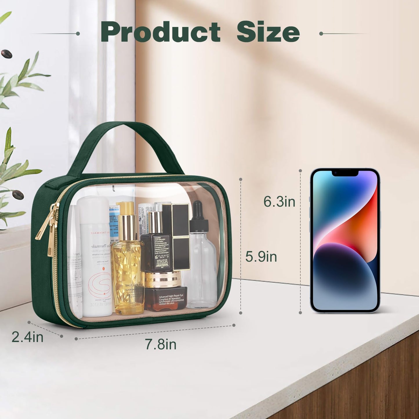 Wedama TSA Approved Toiletry Bag, 2 Pack Clear Makeup Bags with Handles, Quart Size Clear Toiletry Bags, PVC Cosmetic Bags for Women and Men, Carry on Airport Airline Compliant Bag, Dark Green