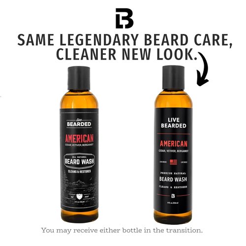 Live Bearded Beard Wash - All-Natural Water-Based Cleanser for Gentle Deep Clean - 8 fl oz | American Cedar, Vetiver, Bergamot Scent