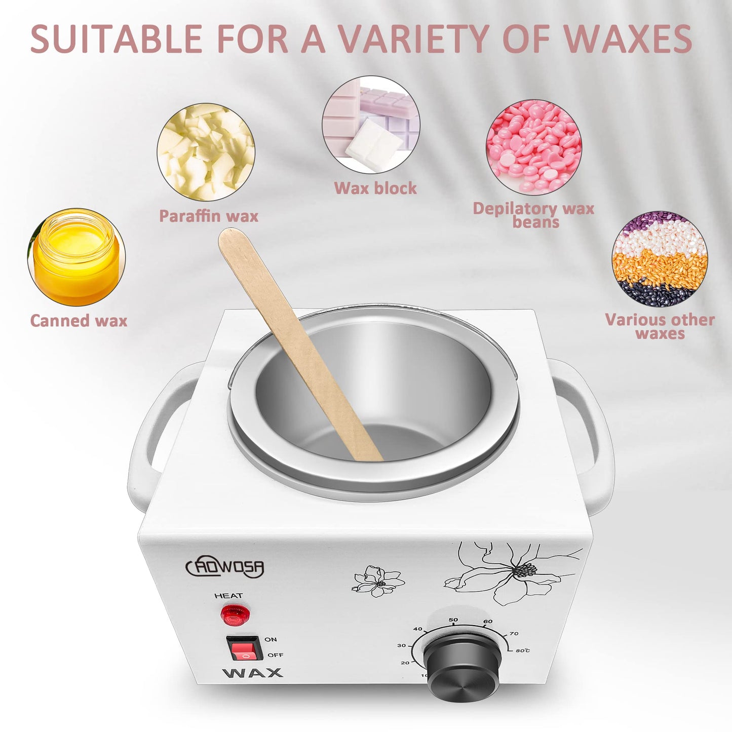 Single Electric Wax Warmer for Hair Removal, Large Paraffin Wax Pot with Adjustable Temperature Set, Facial Skin Body SPA Salon Equipment with 50 Wax Sticks & 20 Collars