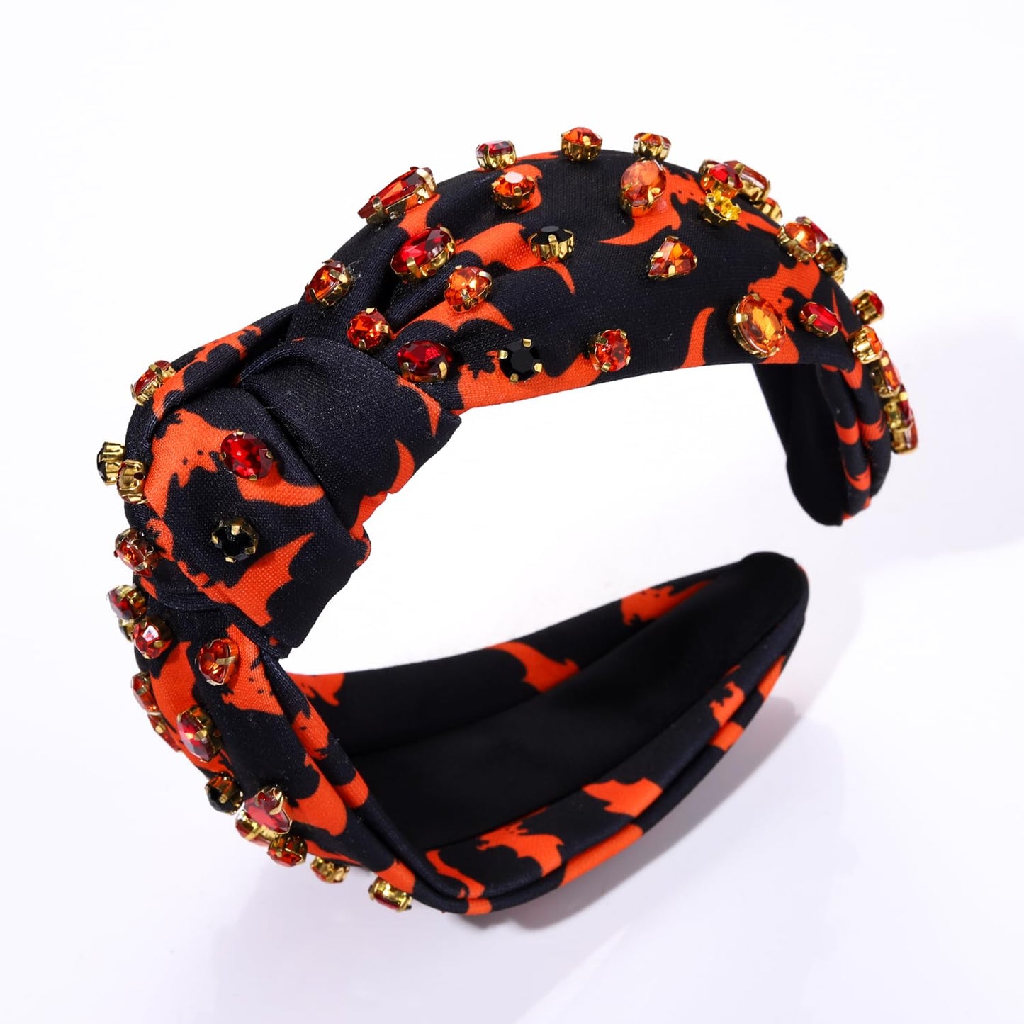 Halloween Headband for Women Pumpkin Witch Hat Charm Knotted Headband Pearl Crystal Embellished Skull Print Top Knot Hairband (E Bat Print Knotted23919)