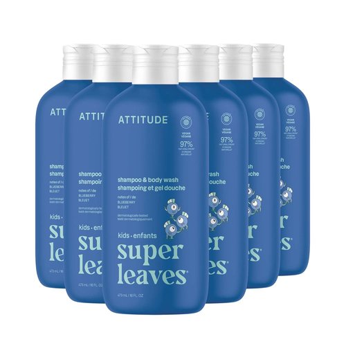 ATTITUDE Kids Shampoo & Body Wash - EWG Verified, Vegan & Plant-Based, Blueberry, 16 Fl Oz (Pack of 6)