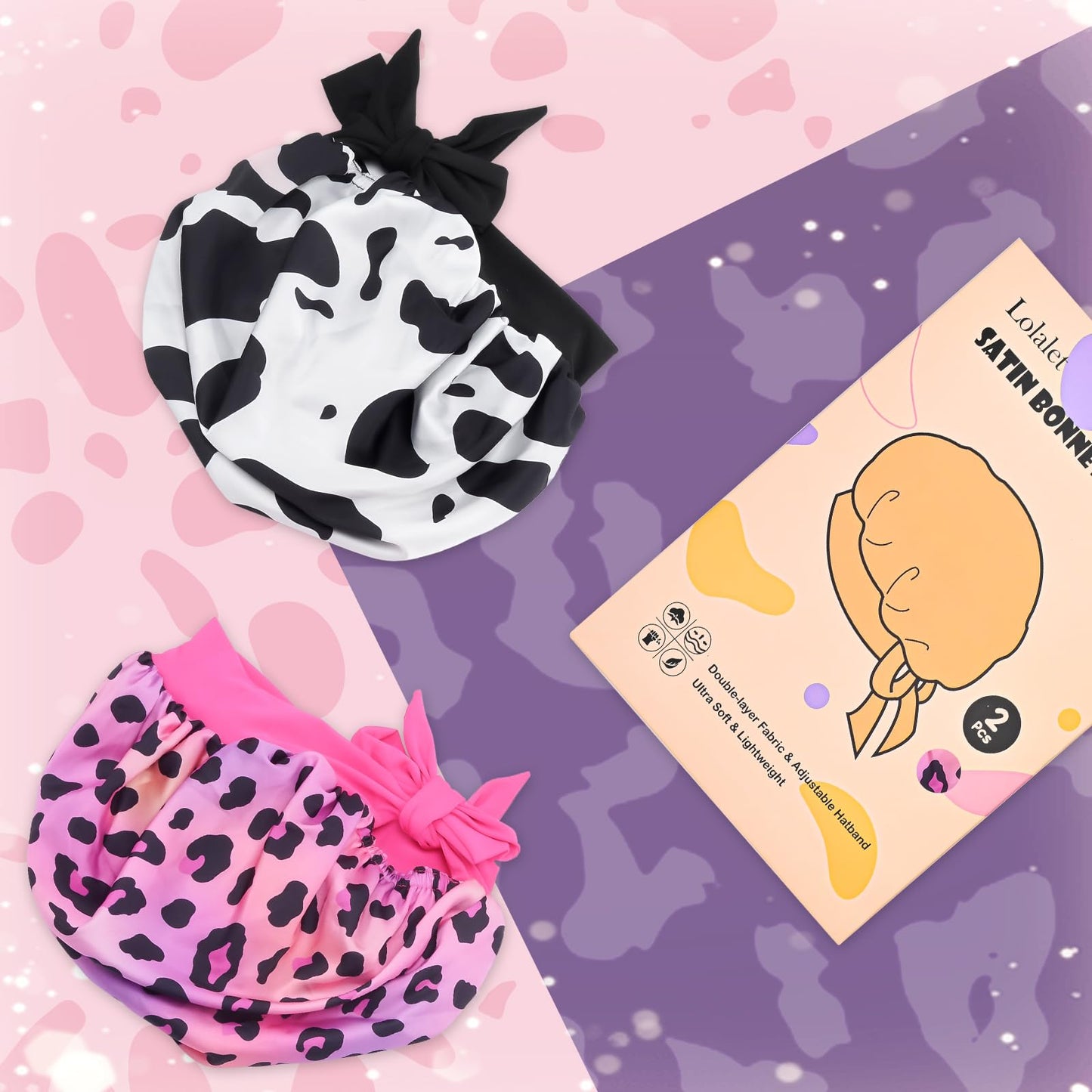 Lolalet 2 PCS Kids Bonnets for Girls, Reversible Silk Bonnet for Sleeping Satin Bonnet Cap with Wide Elastic Band -Cow & Leopard