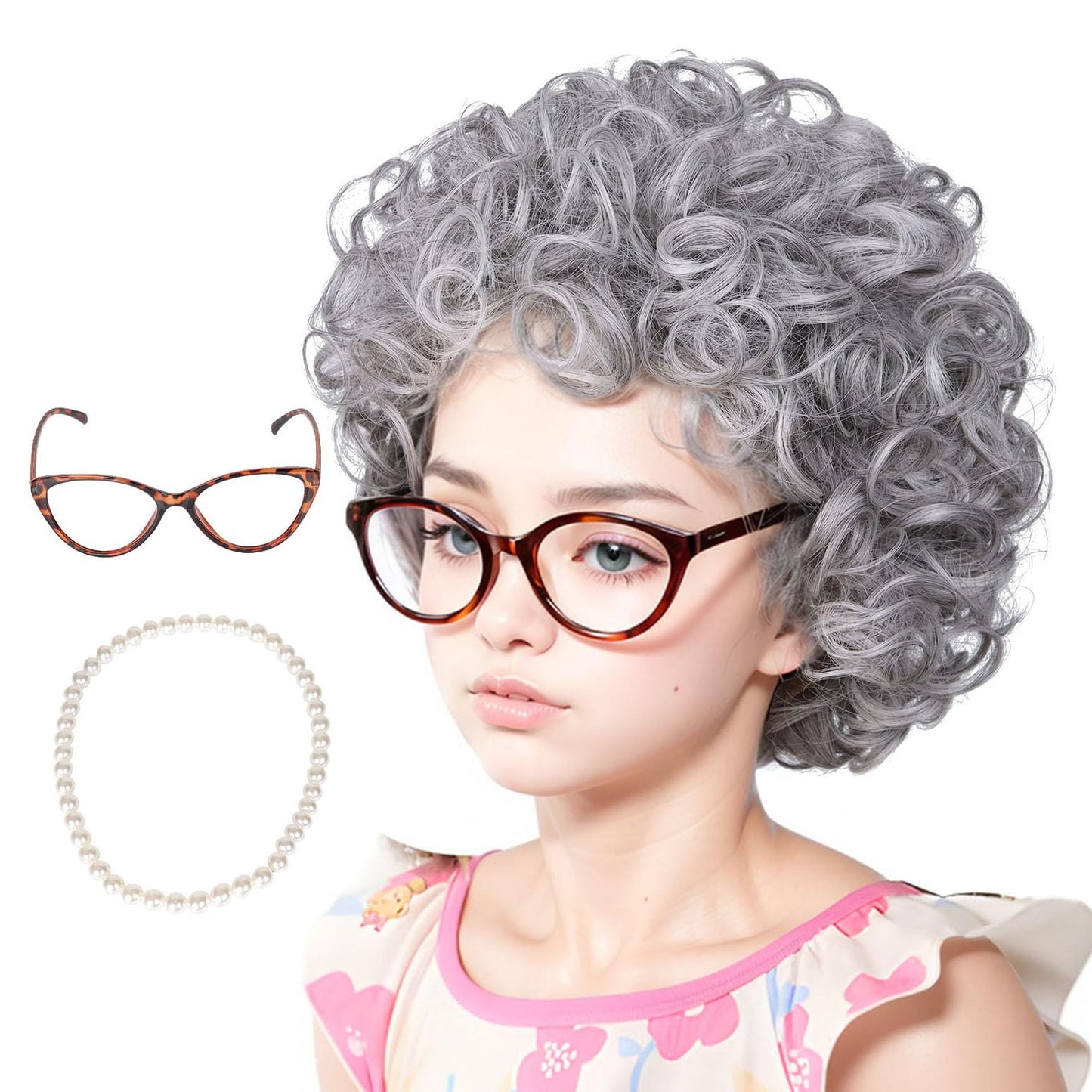 Gray Curly Wig with Granny Glasses and Pearl Necklace Old Lady Costume for Halloween Party for Girl Kid