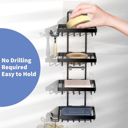 Moforoco 4-Tier Soap Bar Holder - Wall Mounted, No Drilling, 304 Stainless Steel | Bathroom Organizer with Hooks & Razor Holder