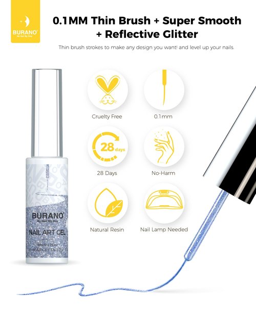 BURANO Holographic Gel Nail Polish Liner Nail Art, Reflective Glitter Painted Gel Nail Design Polish 1 Bottle, Build in Thin Brush Chrome Curing Required 8ml (LX27)