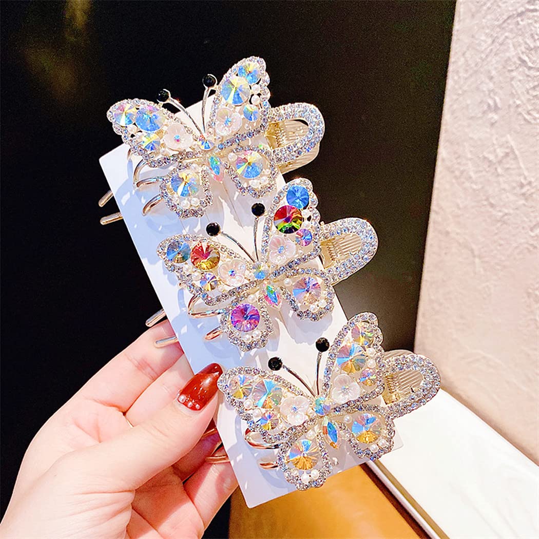 Rhinestone Pearl Butterfly Hair Clips, Sinide Sparkling Diamond Large Hair Jaw Clip Crystal Non Slip Hair Clamps Glitter Hair Comb Claw for Women Girls Thick Long Hair