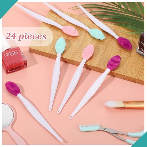24 Pcs Silicone Exfoliating Lip Brush with Container, Double Sided Silicone Lip Scrubber Soft Cleaning Brush for Plump Smoother Appearance (Pink, Green, Purple)