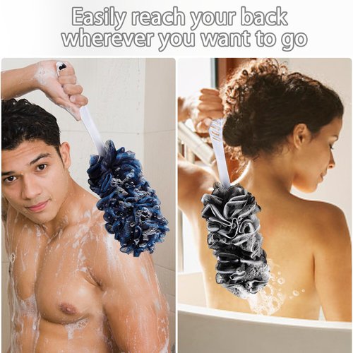 2Pack Loofah Sponge, Qewro Dual-Sided Loofah on a Stick Exfoliating Body with Long Handle, Body Scrubber for Back use in Shower with Loufas or Lufa for Men Women (2Pack Black and Navyblue)
