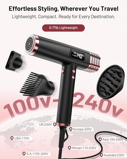 MESCOMB Travel Hair Dryer - 1875W Dual Voltage Ionic for Fast Drying & Frizz Control | Lightweight & Quiet, Black