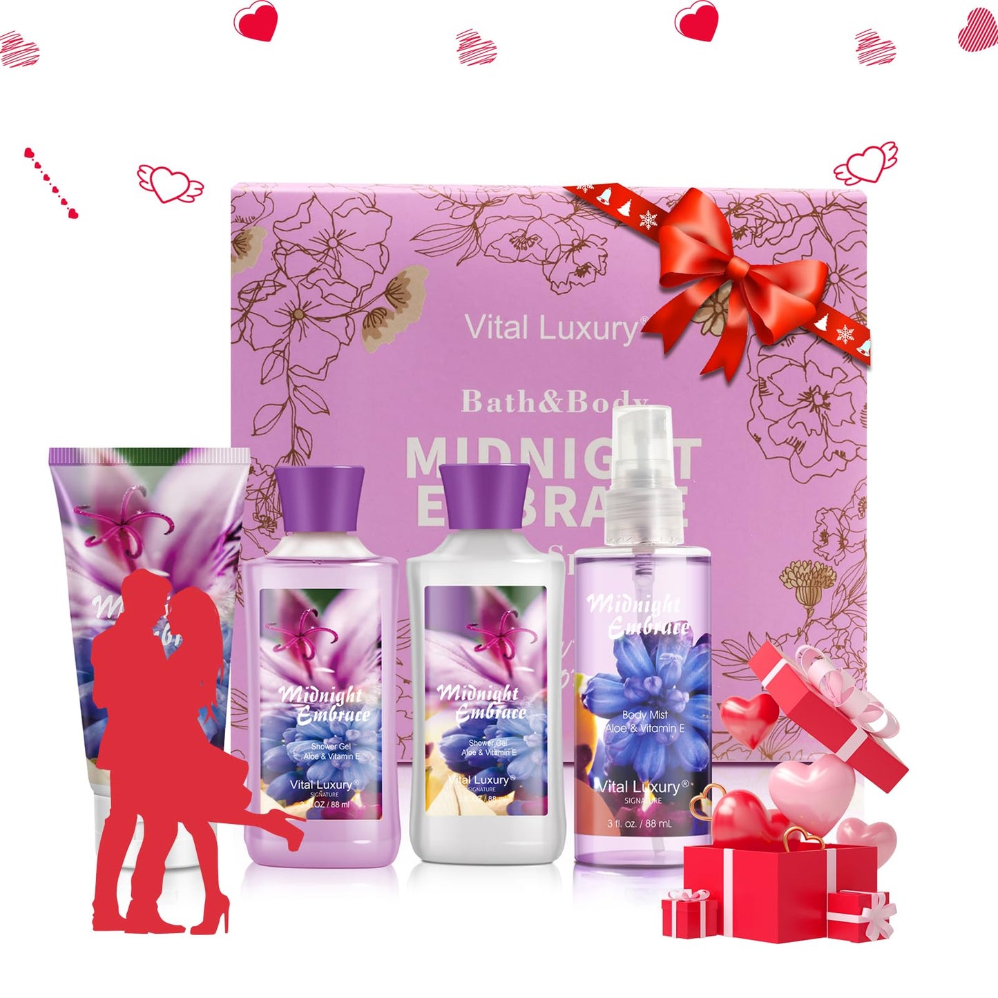 Vital Luxury Midnight Embrace Bath & Body Kit, 3 Fl Oz, Ideal Skincare Gift Home Spa Set, Includes Body Lotion, Shower Gel, Body Cream, and Fragrance Mist, Birthday Mother's Day Gifts