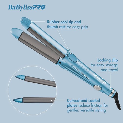 BaBylissPRO Nano Titanium Flat Iron - 1" Curved Styler for Professional Salon Results, All Hair Types