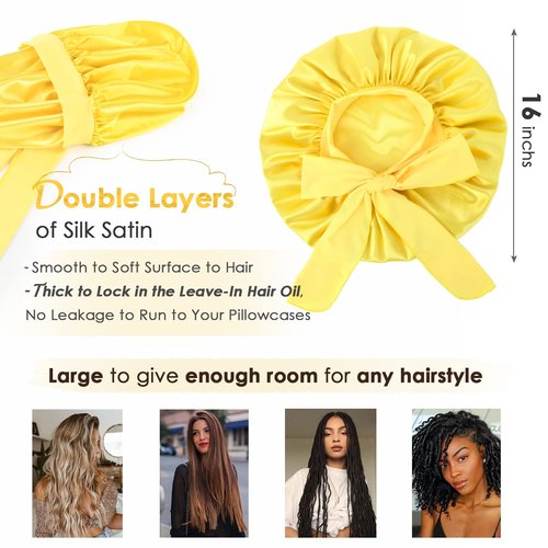 YANIBEST Adjustable Satin Bonnet for Sleeping Women Double Layer Hair Wrap Reduce Friction Prevent Frizz Natural Curly Hair, Yellow