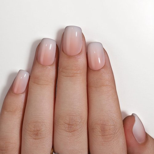Short Square Press On Nails (Pink Horizon) Reusable Natural Stick On Nails with Glue in 15 Sizes – 32 Soft Gel Fake Nails Kit