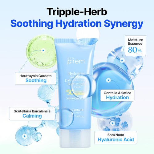 MAKE P:REM Hyal Water-Fit Sunscreen - Hydrating SPF 50+ Face & Body Protection | 3.38 fl. oz.