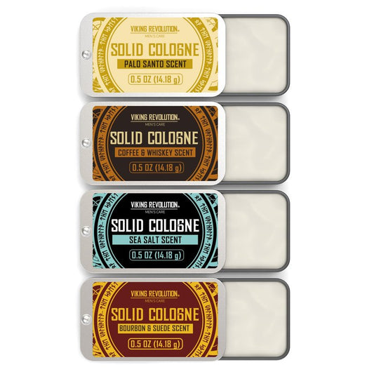Viking Revolution 4 Pack Solid Cologne for Men - Men's Cologne Gift Set Including Coffee and Whiskey, Palo Santo, Sea Salt, Bourbon and Suede - Travel Size Gifts for Men (0.5 Oz each)