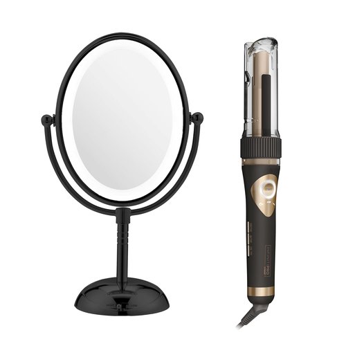 **INFINITIPRO BY CONAIR Curl Secret Automatic Curling Iron - 3/4-Inch Barrel & Lighted Makeup Mirror - Black**