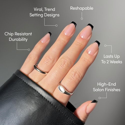 Glamnetic Press On Nails - Balsamic Glaze | Medium Coffin Black French Tip Fake Nails, Salon Quality French Manicure | 15 Sizes - 30 Nail Kit with Glue